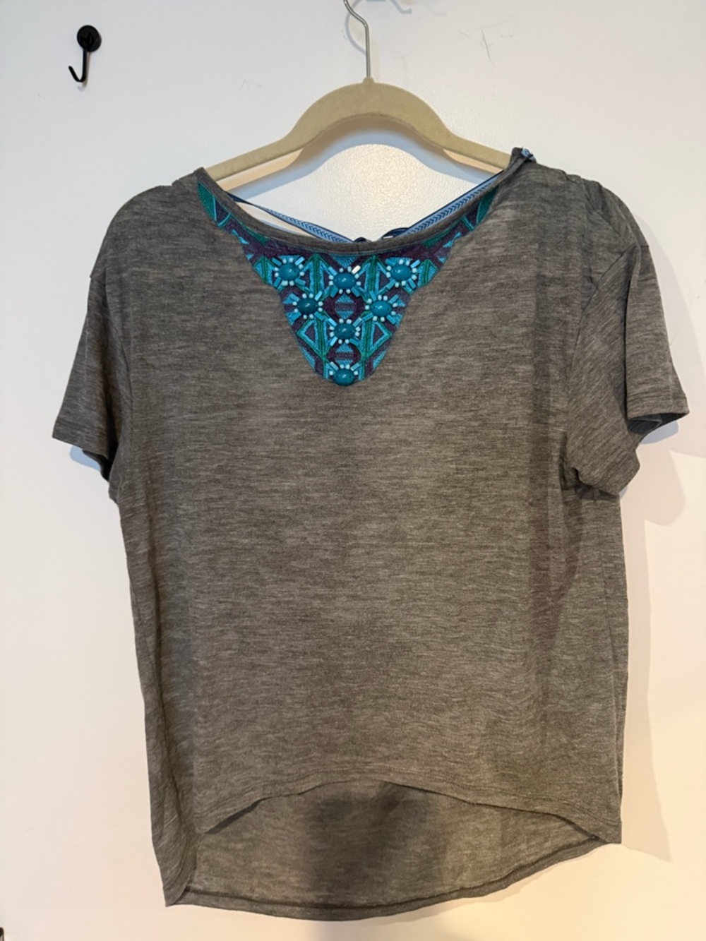 Anna Sui Gray Short-Sleeve Tee with Teal Embroidered Inset